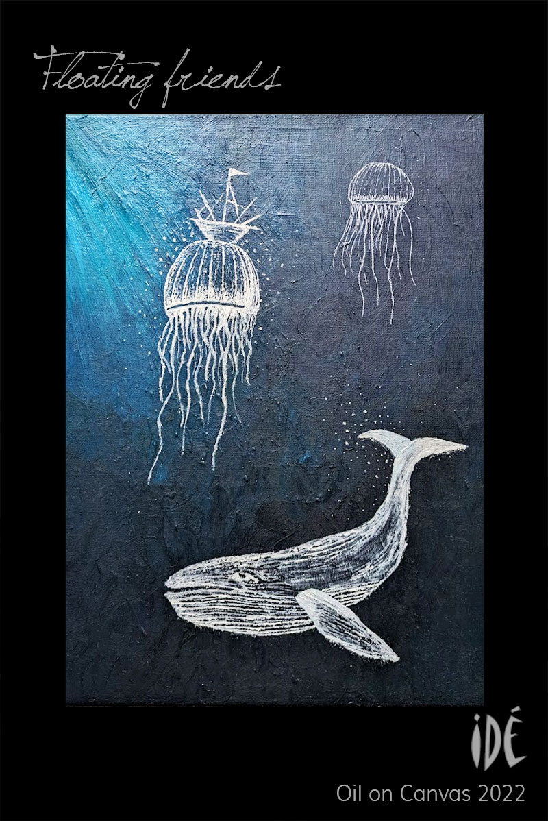 Oil on Canvas Painting of Whale and Jellyfish